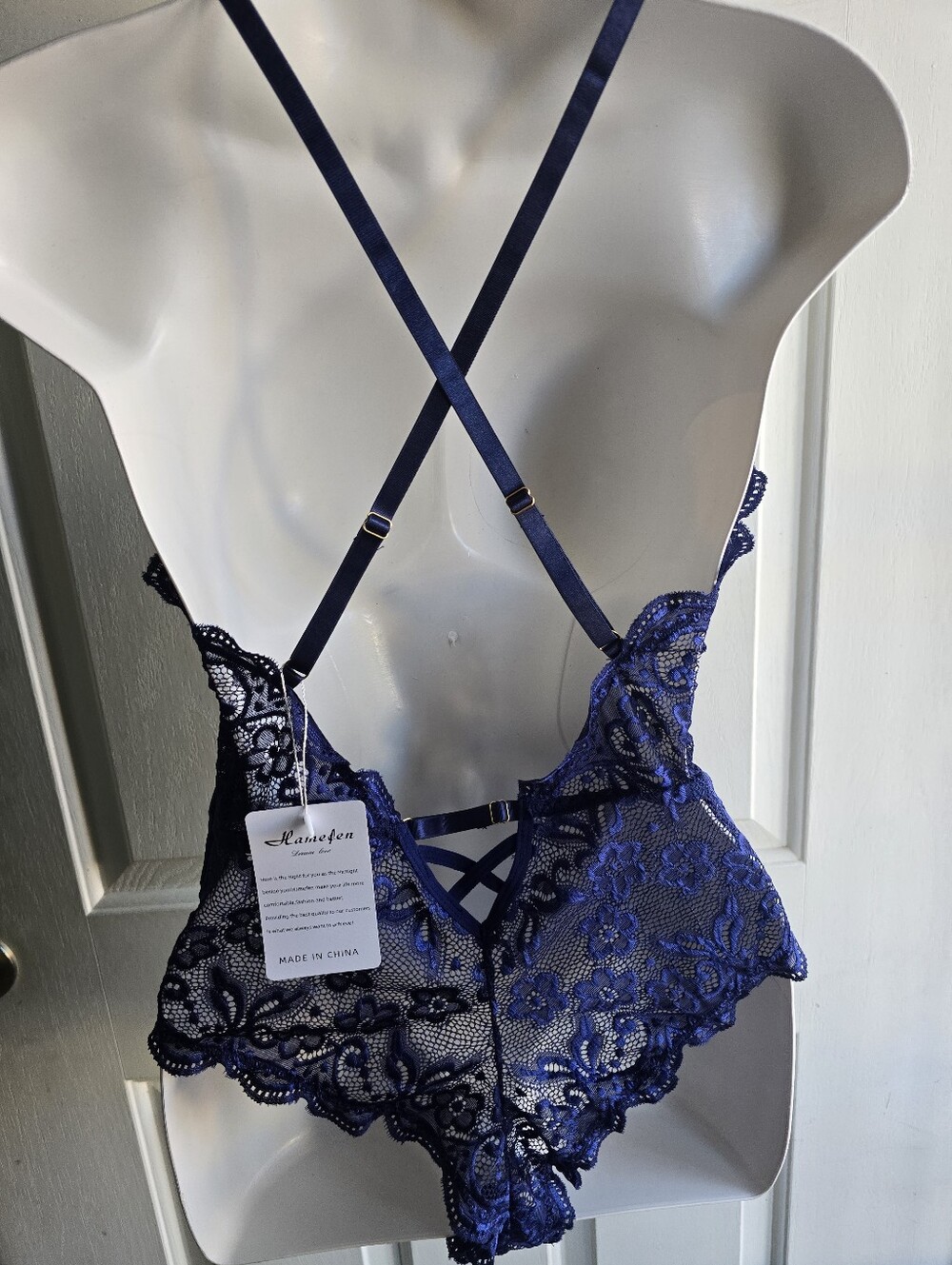 Navy Blue Lace Plunge Teddy Bodysuit - Women Intimates - Picture 3 of 9